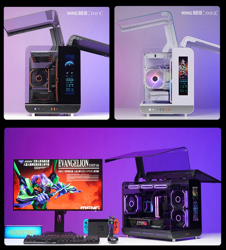 X-GAMERX HUANYI WING MATX Seaview room Case Vertical Desktop Computer 360 Water-cooled Chassis TYPE-C Interface With Screen.