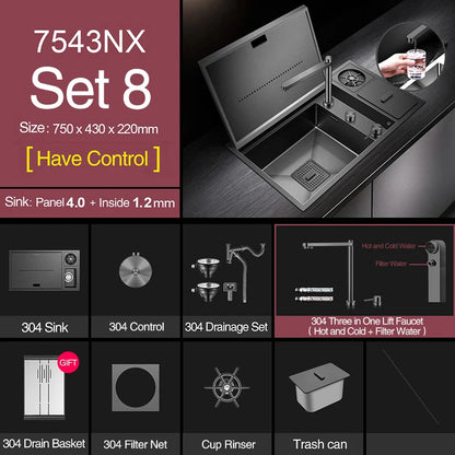 ASRAS Nanometer Hidden Flip Cover kitchen Island Sink 4mm Thickness Handmade Cup Rinser And Trash Can Kitchen Sinks