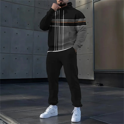 Simple Stripe Print Men's Hoodies Sets Autumn Winter Casual Sweatshirt Pants 2 Piece Fashion Tracksuits Outdoor Street Clothing.