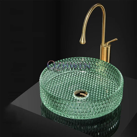 Luxuriöses Waschbecken aus Kristallglas, Badezimmer-Waschbecken, rosa Arbeitsplatte, Kunstbecken, rundes Mini-Schüsselbecken, Waschraum-Waschbecken mit Wasserhähnen