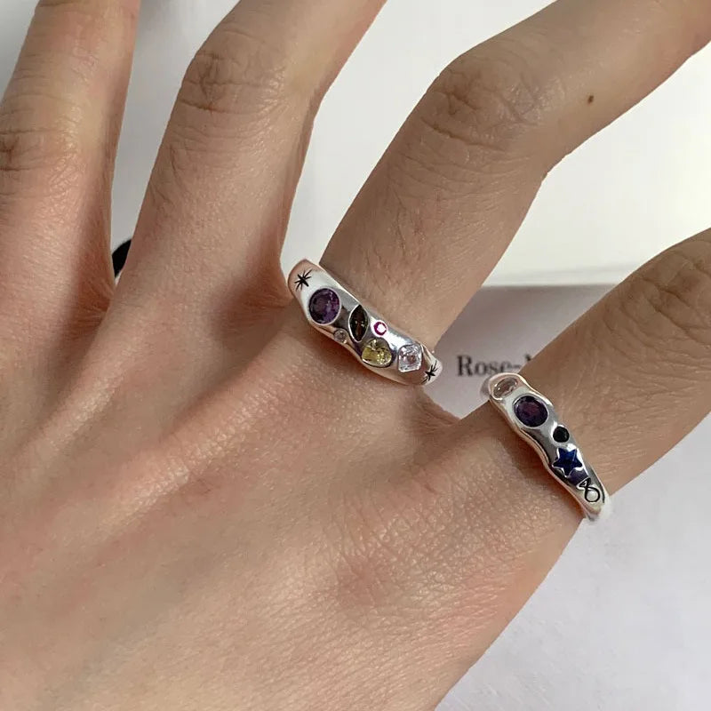 925 Sterling Silver Simple Colorful Heart Stone RingsFor Women Geometric Fashion Smiple Open Handmade Allergy Party Jewelry Gift.