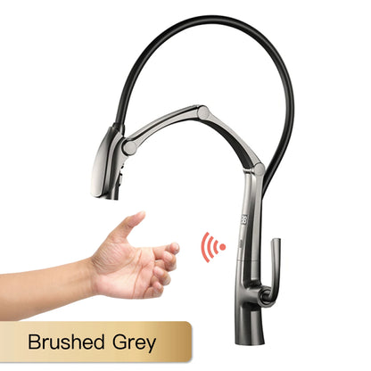 AITANA Gun Grey Luxury Brass LED Display Kitchen Faucet，Touchless Sensor，Pull-Out 3-Function Spray Water-Saving SinK Mixer