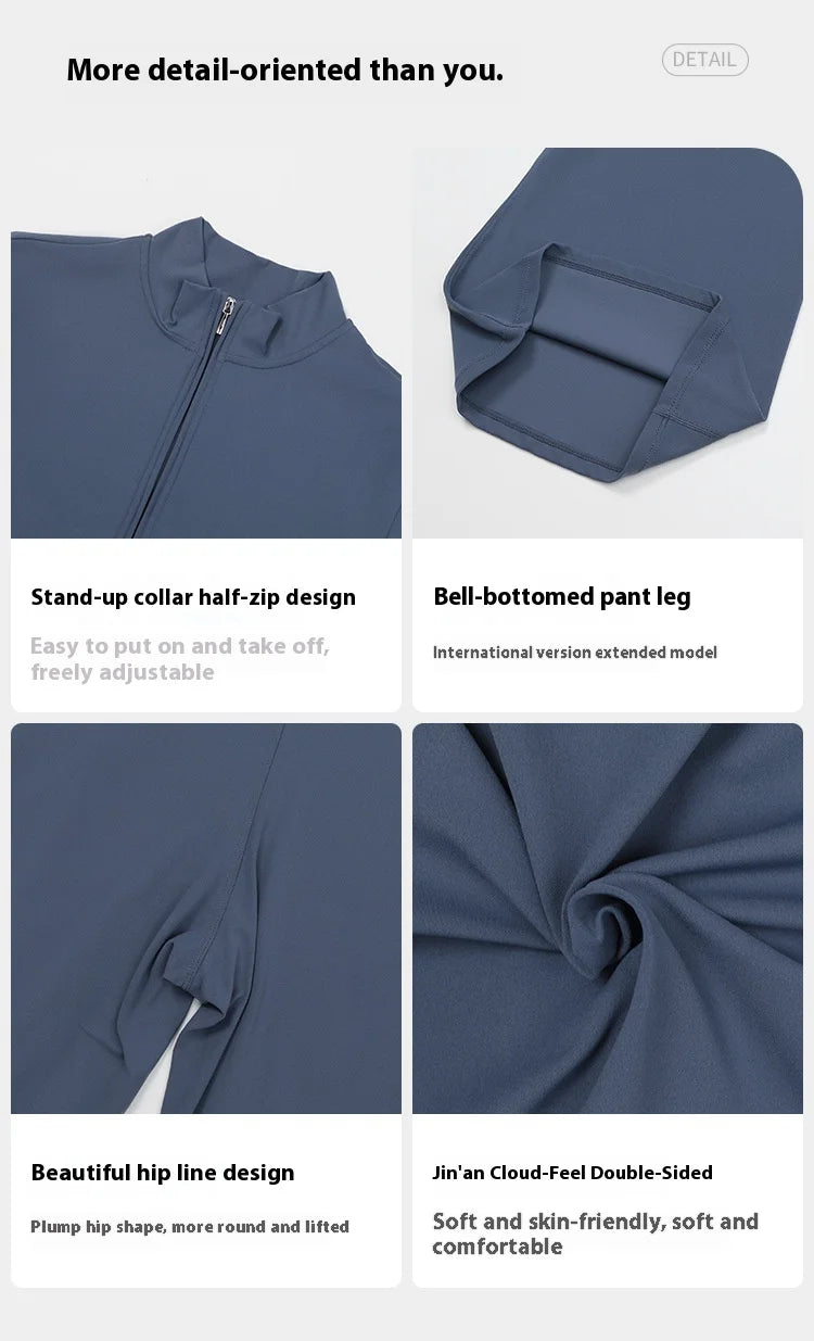 Women's One-piece Yoga Jumpsuit Long Sleeve Zipper Slim Fit Sports Outfit Flare Tights Quick-drying Hip Lift Gym Fitness Clothes