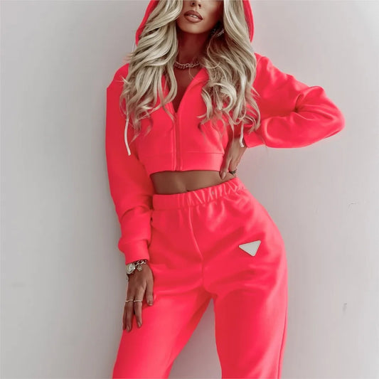 Spring Autumn Solid Color Hooded Pants Women'S 2 Piece Set Fashion Casual Pocket Long Sleeve Hoodie Female Street Wear Set 2025.