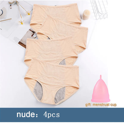 4pcs Women Menstrual Panties+gift Menstrual Cup Female Period Leak Proof Underwear Plus Size Maternal Physiological Briefs