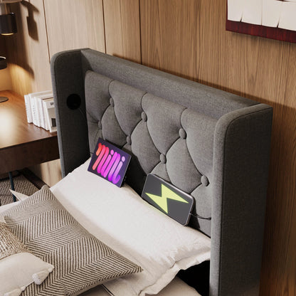 Gepolstertes Einzelbett 90x200 cm, graue Baumwolle, USB-C-Aufladung, 3-seitige LED (keine Matratze)
