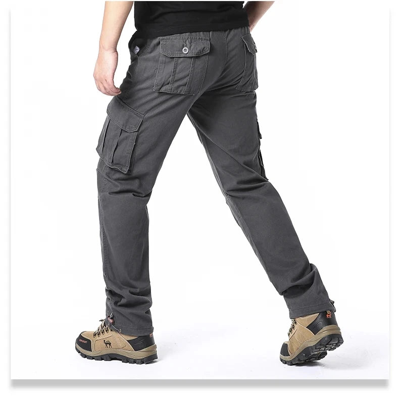 Solid Cotton Multi Flap Pockets Men's Straight Leg Cargo Pants, Loose Casual Outdoor Pants, Men's Work Pants Outdoors Streetwear.