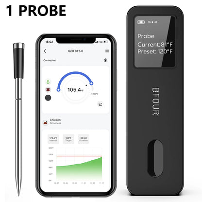 Wireless Bluetooth Meat Thermometer IP67 Waterproof Probes with LCD Screen Booster Rechargeable for Grilling Smoker BBQ Oven