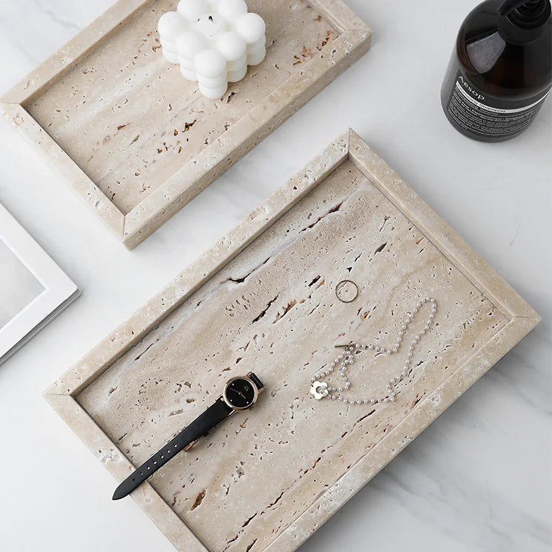 Minimalism Marble Tray for Perfume Candles Jewelry Travertine Stone Vanity Tray for Dresser Countertop Coffee Table Serving.