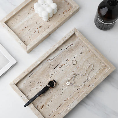 Minimalism Marble Tray for Perfume Candles Jewelry Travertine Stone Vanity Tray for Dresser Countertop Coffee Table Serving.