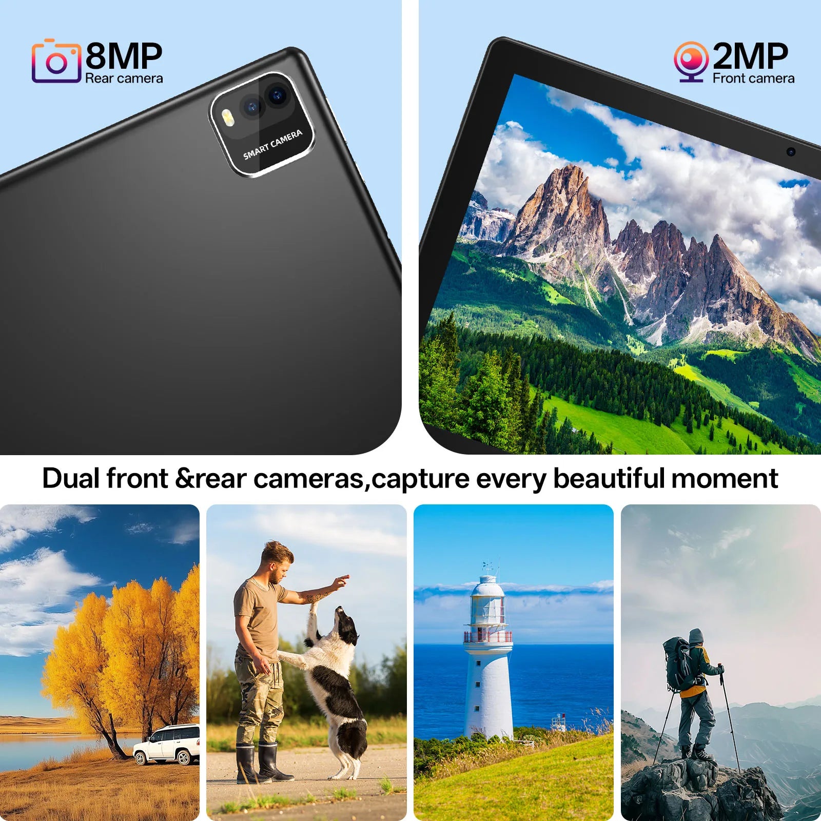 New BAKEN 10-inch Android 15 tablet with 64GB storage, keyboard, leather case, stylus, mouse, Wi-Fi, GPS, Bluetooth.