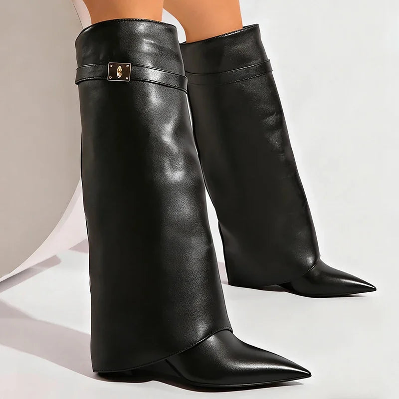 Black Pu Leather Knee High Boots Women Sexy Pointed Toe Straight Leg Boots Woman Punk Style Wedge High Heels Long Botas Mujer.