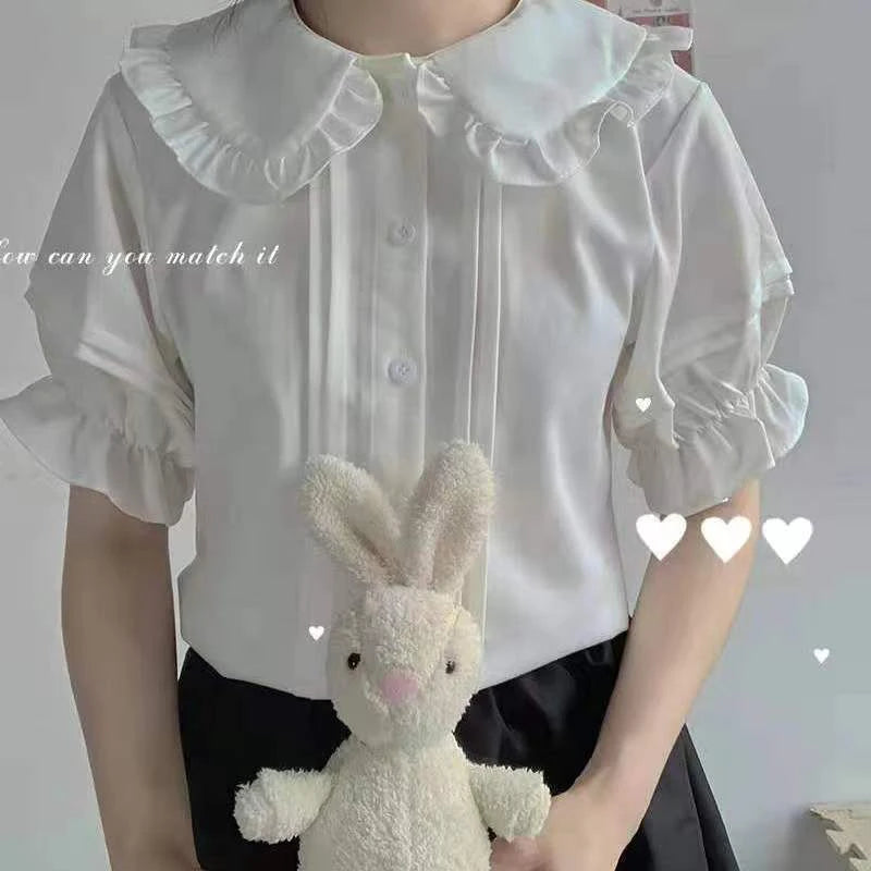 Zoki Japanese Sweet Women Blouses Lolita Style White Kawaii Peter Pan Collar Jk Shirt Cute Preppy Ruffle Puff Short Sleeve Tops.