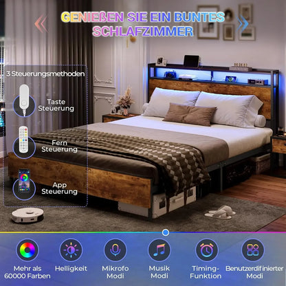 120 x 200 LED-beleuchteter Metallbettrahmen mit Steckdose und USB-Ladefunktion, Holzkopfteil, Stauraumbett B