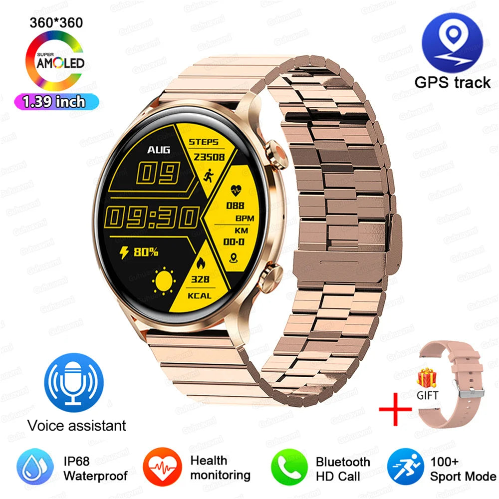 2025 New Smartwatch Women AMOLED HD Screen Always On Display Bluetooth Call IP68 Waterproof GPS Smart Men Watch For Android ios