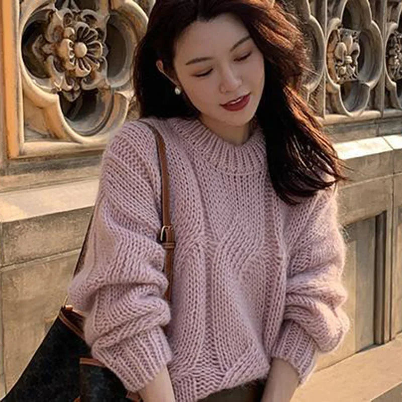 Biyaby Twist Gestrickte Pullover Frau Herbst Winter Faul Stil Oansatz Feste Pullover Frauen Casual Grundlegende Lose Pullover Damen.