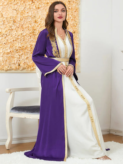 Maßgeschneiderte muslimische Sets, elegante muslimische Frauen, Sommer, langärmelig, V-Ausschnitt, Polyester, lila, 2-teiliges Kleid, Mantel, passende Sets, Muslim