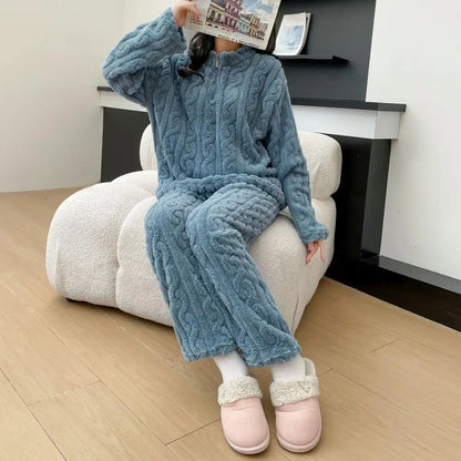 2-teiliges Set, verdickt, warm, modisch, Samt-Pyjama, Herbst-Winter, gepolstert, Damen, lässig, elastisch, gestreift, bequem, Homewear.