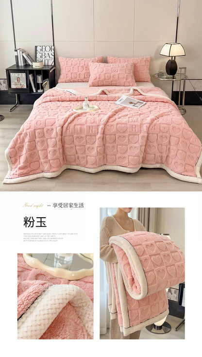 Heart Pattern Coral Fleece Blanket Autumn Winter Double Layer Thicken Warm Plush Blanket for Bed Fluffy Soft Sofa Throw Blankets