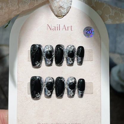 10pcs Black Press on Nails Medium Coffin Sliver Swirl Y2k Fake Nails with Glue Acrylic False Nails Press Ons Full Cover Nail Tip.