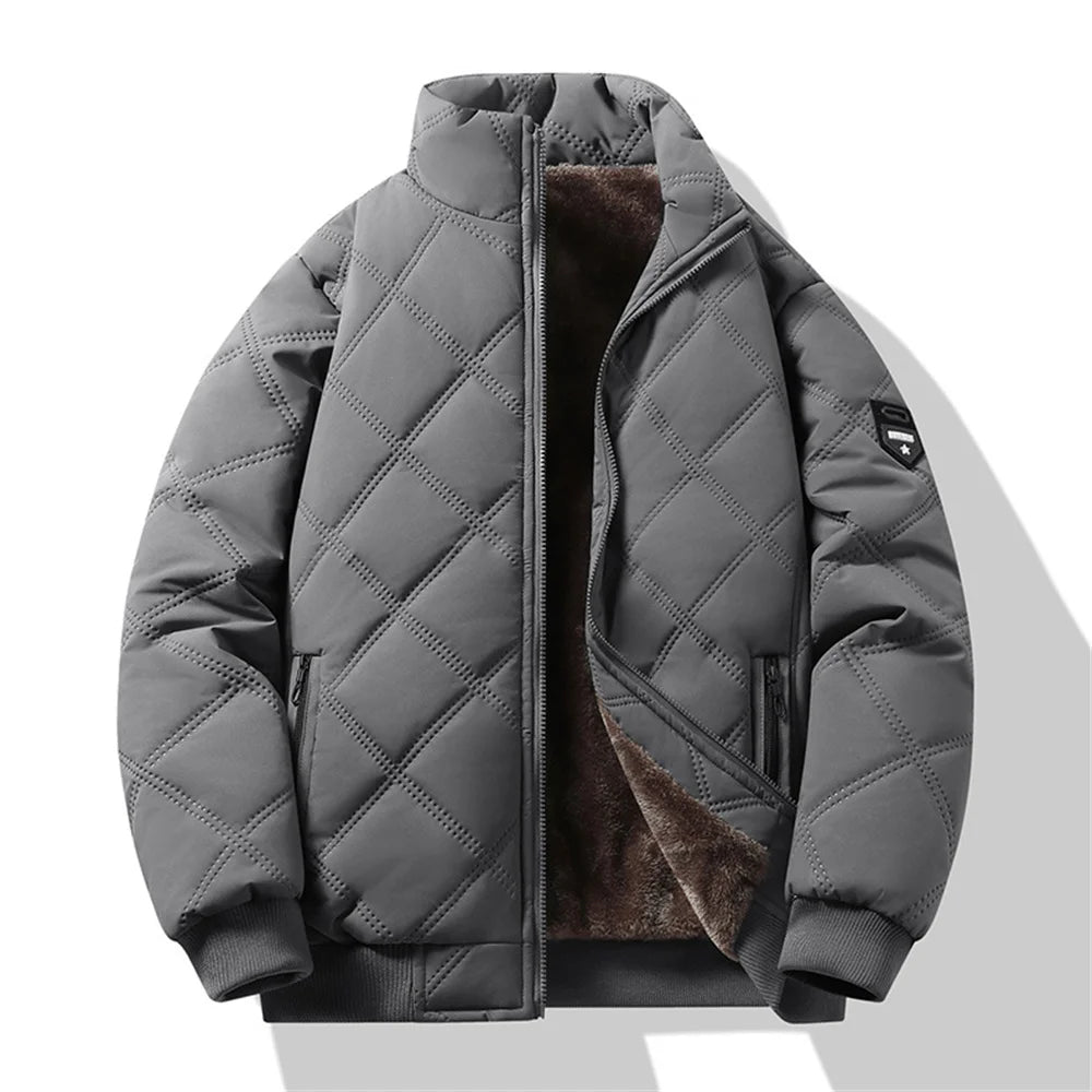 New Windproof Thermal Diamond-Quilted Cotton Jacket Winter Men's Fleece-Lined Thickened Cuff Design Stand-Up Collar Jacket