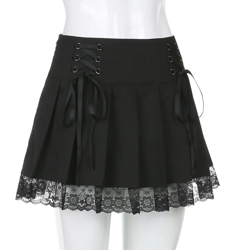 Girl Retro Pleated Skirt Lace Up High Waist Plaid Mesh Stitching Hem Y2K Aesthetic Gothic Black Mini Skirts Bodycon.