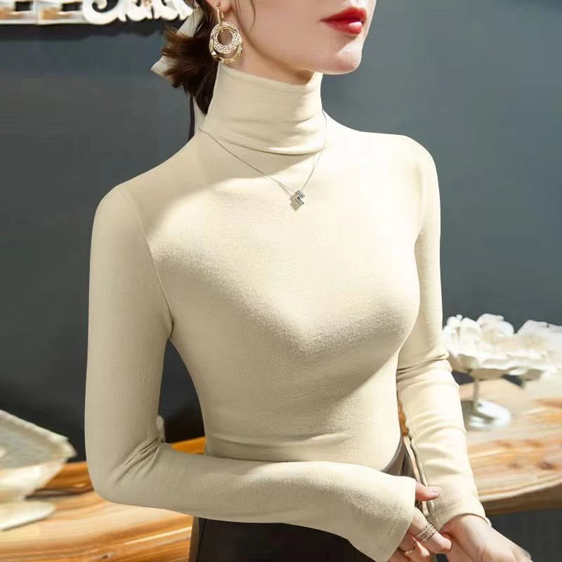 2025 Fashion Autumn Winter Female Turtleneck Fleece Stretch Shirt Women Long Sleeve T-shirt Warm Basic Pullover Bottoming Tops.