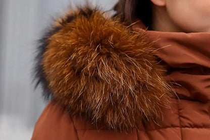 Neue Wintermode Langarm Pelzkragen Reißverschluss Einfarbig Slim Fit Lange Version Dicke Daunenjacke Mit Kapuze Für Frauen, 6 Farben.