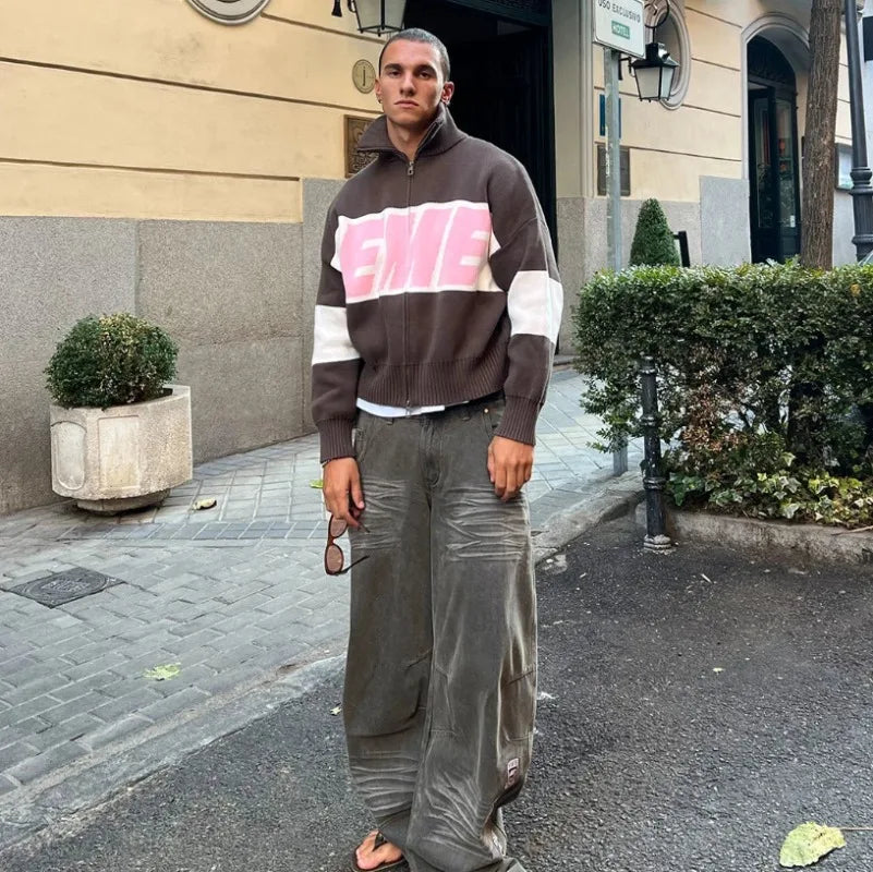 Autumn/winter Streets Casual Loose Retro Embroidered Top Hip-hop Oversized Sweater American Fashion Brand Zipper Cardigan Unisex.