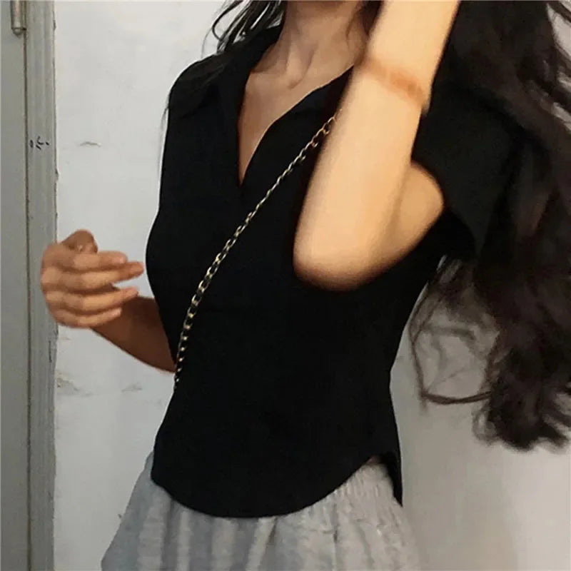 Summer Short Sleeve Lapel Top Women'S Solid V-Neck Pullovers Retro Sweet Shirts Hot Girl Crop Top Female Slim Versatile Tee.