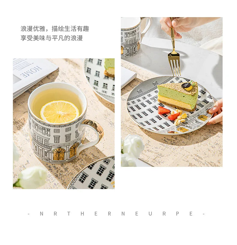 European-style Roman Architecture Ceramic Disc Coffee Cup Snacks Main Course Plate Kitchen Tableware Coffee Mug Storage Tray.