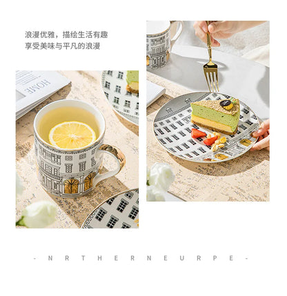 European-style Roman Architecture Ceramic Disc Coffee Cup Snacks Main Course Plate Kitchen Tableware Coffee Mug Storage Tray.