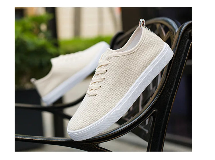 Men's Canvas Shoes Summer Breathable Lightweight Korean Style Shallow Mouth Loafers Non-slip Casual Lace Up Walking Sneakers.