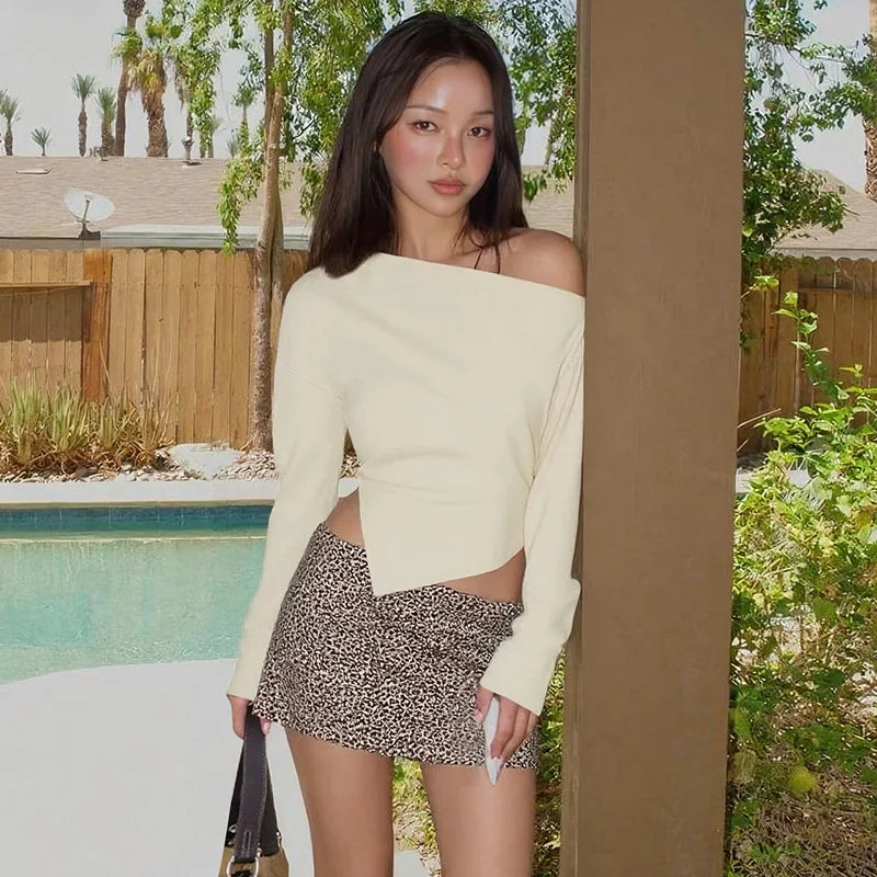 Women Casual Top Fashion Slim Slit Long Sleeve Pullover Top Sexy Strapless Pleated New Party Looks Top Female Streetwear