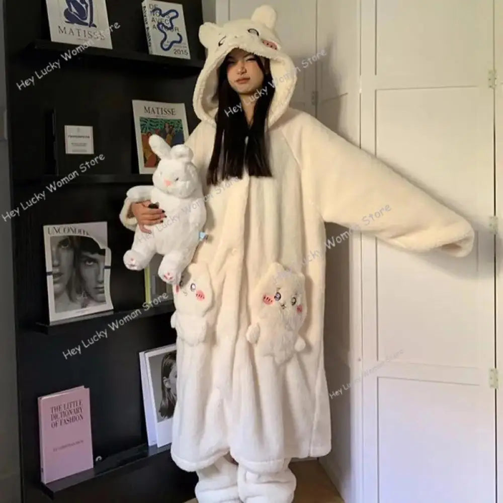 Kawaii Chiikawas Pajamas Coral Velvet Home Wear Long Length Nightgown Thick Cardigan Pant Cartoon Cute Girl Casual Home Clothing.