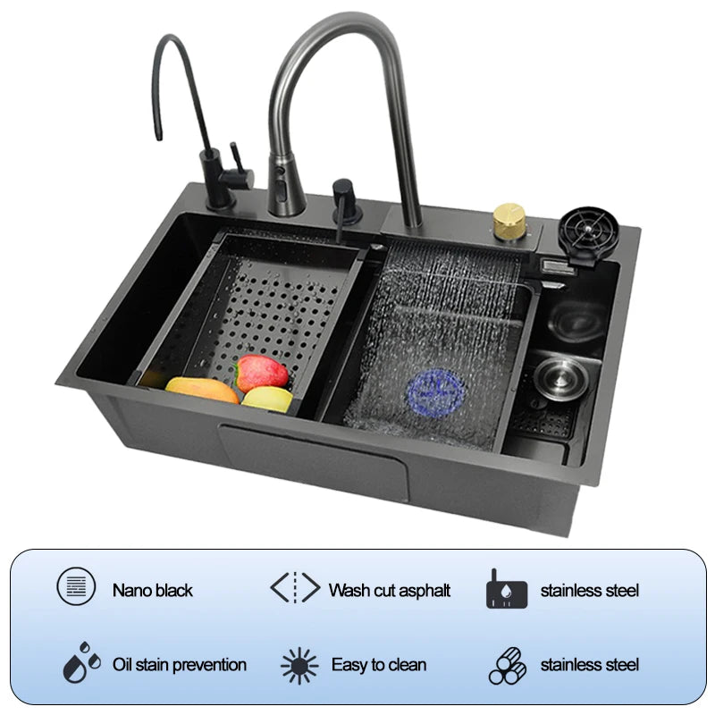 under the household sink    Black Stainless Steel Nano Undermount/Drop in Waterfall Single Bowl Kitchen Sink With Pull-Out Fauce
