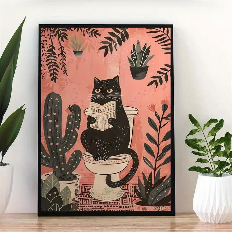 Art quote you are pooping black cat kitten reading newspaper in toilet funny animal poster retro art living room decoration.