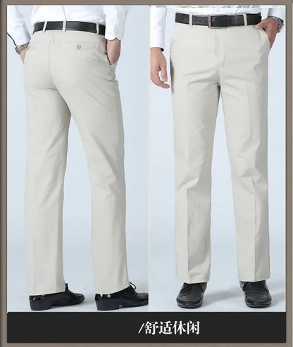 Smart Casual Pure Cotton Anti-Wrinkle High Waist Loose Baggy Straight Thicken Men Spring Autumn Solid Color Mid Casual Pants