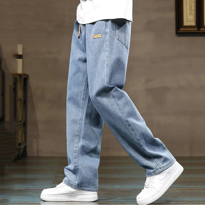 Men Straight Leg Blue Gray Loose Y2K Drawstring Jeans Streetwear Casual Wide Denim Pants Male Baggy Stylish Harajuku Trousers.