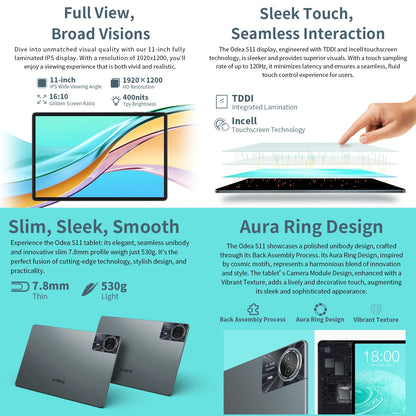 ODEA S11 Android 14 Tablet with 11" IPS 1920x1200 T606 8 Core CPU Max 16GB RAM 256GB ROM 4G LTE type C 8000mAh Widevine L1.