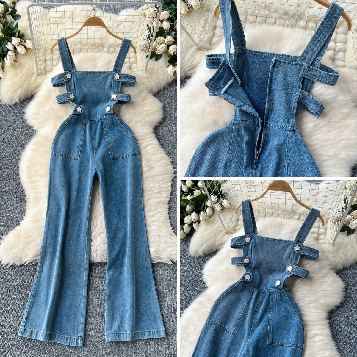 Jumpsuits Women Denim Suspender Jeans One Piece Wide Leg Pants Washed Mom Distressed Pockets Trousers Summer 2025 Streetwear.