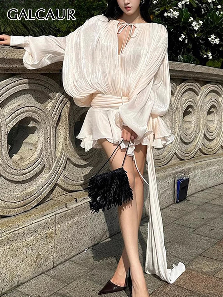 GALCAUR Solide Lose Splicd Lace Up Kleider Für Frauen V-ausschnitt Mit Langen Ärmeln Patchwork Rüschen Tunika Kleider Weibliche Mode Neue.