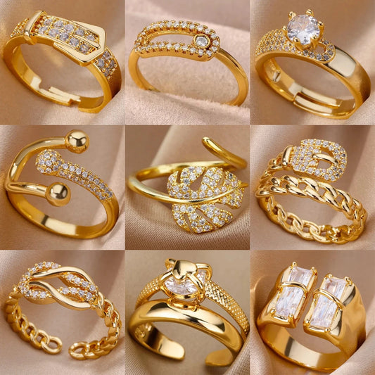 Gold Plated Stainless Steel Crystal Rings For Women Chain Geometry Zircon Finger Ring Jewelry Gift anillos mujer 2025 New Trendy.