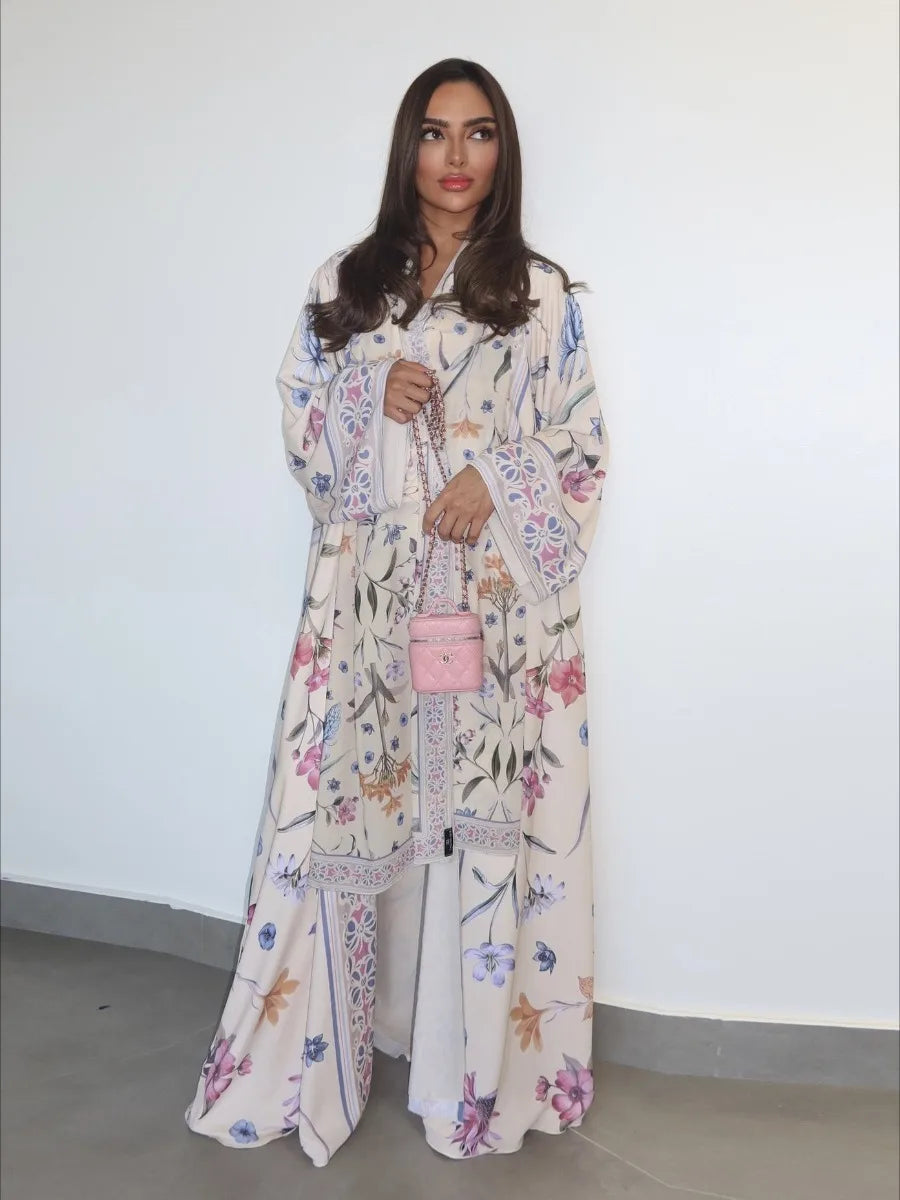 Eid Frauen Abaya Blume Drucken Offene Strickjacke Schal Party Kleid Muslimischen Langarm Jalabiya Ramadan Abayas Kaftan Arabischen Lange Robe.