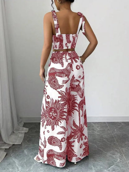 Two Piece Sets Women Pant Print Sling Tops High Waist Wide Leg Pants Drawstring Matching Sets Casual Backless Tops Summer 2025.