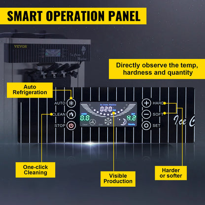 VEVOR Commercial Soft Ice Cream Machine,2200W 3 Flavors Ice Cream Maker,5.3 to 7.4 Gal per/H Auto Clean LCD Panel for Restaurant.