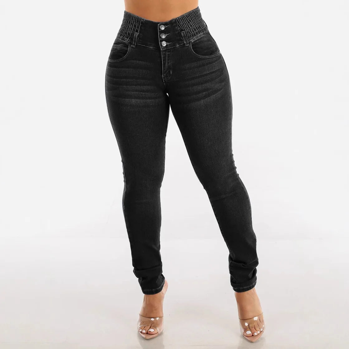 Jeans-Bleistifthose für Damen, 2025, dünne Hose, hohe Taille, Stretch, gewaschen, Distressed-Taschen, Knöpfe, Vintage-Denim, Streetwear.