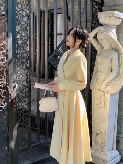 Mode frauen Lange Mäntel Winter Neue Oberbekleidung Revers Zweireiher Laterne Hülse Solide Vintage Chic Woolen Mäntel.