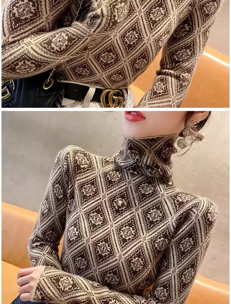 Frauen Kleidung Mode Rollkragen Argyle Stricken Pullover Herbst Winter Elegante Chic Schlanke Langarm Pullover Büro Dame Y2K Top.