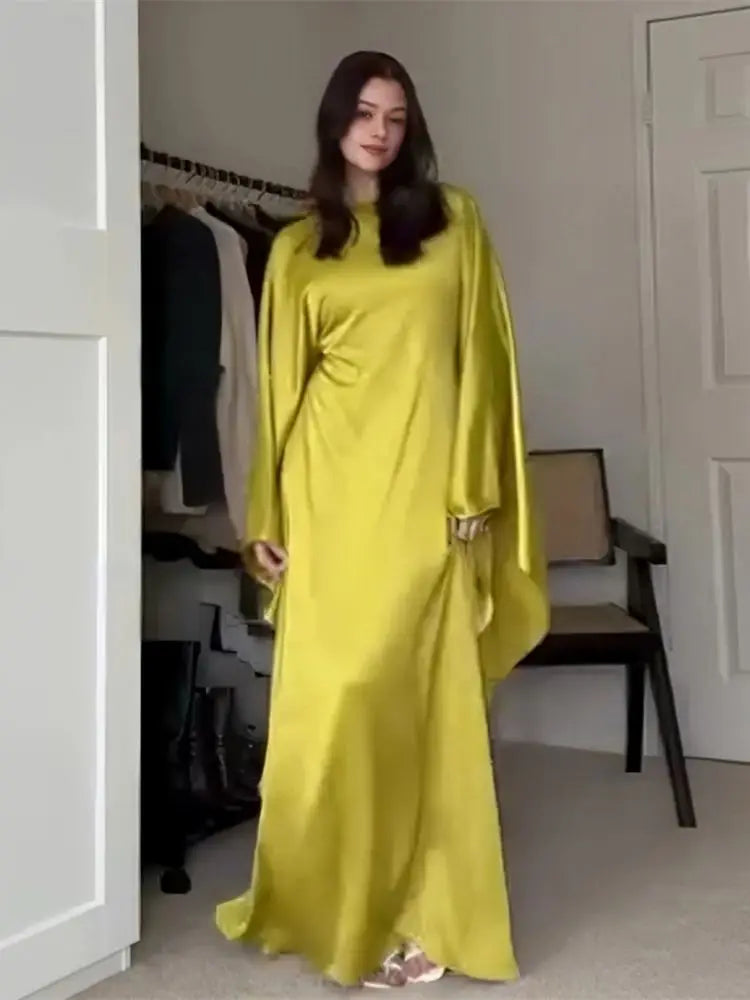 Eid glänzende Fledermaus Satin Abaya Dubai Luxus muslimische Abayas für Frauen Maxi Kaftan Kleid islamische Kleidung Kaftan Marocain Femme.